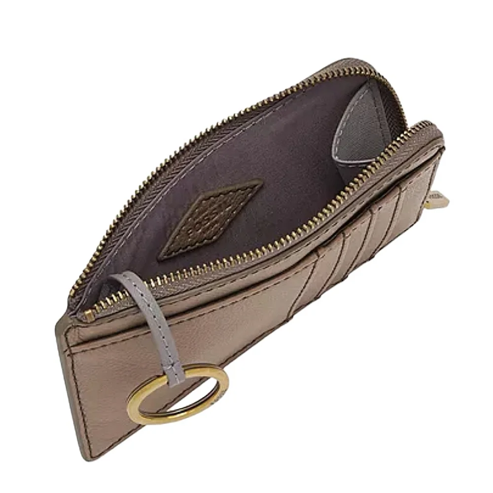 Fossil Jori Leather Zip Card Case in Vintage Khaki